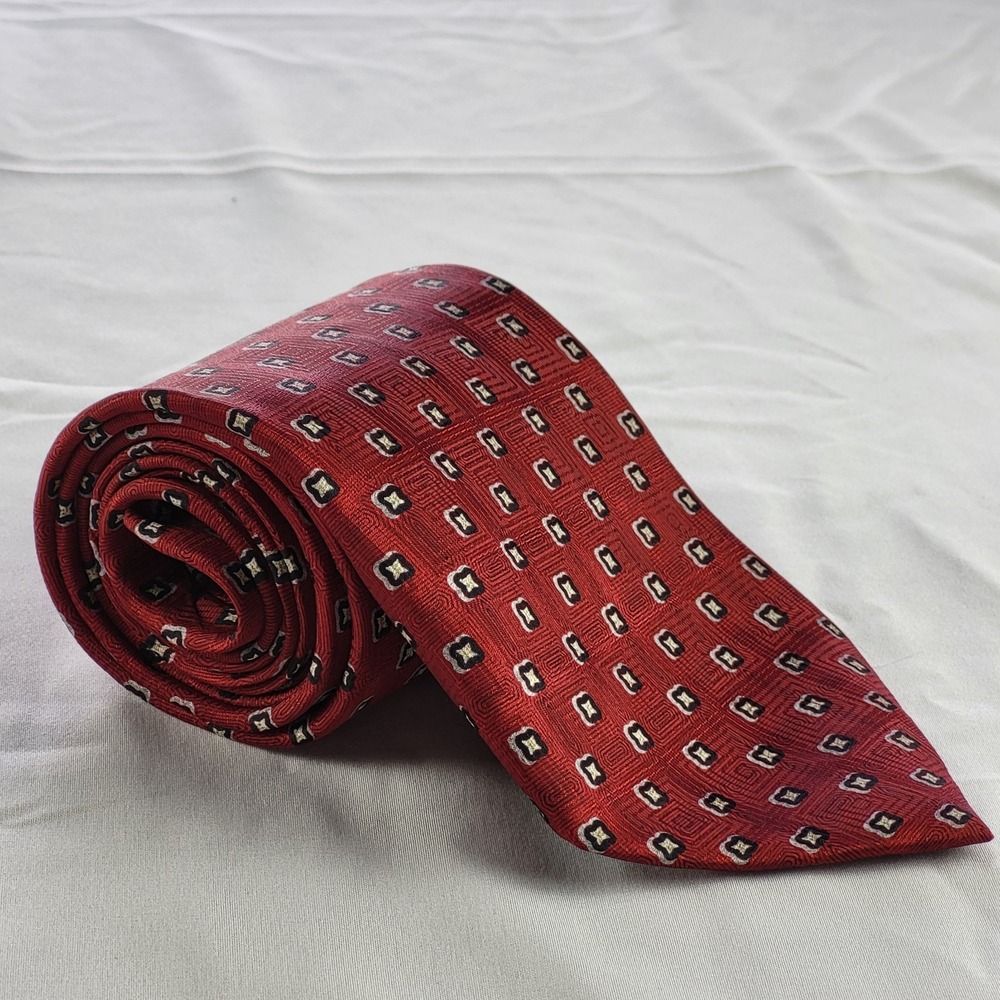 Stafford Necktie Red Black Gold Silver Geometric Silk Made in USA
